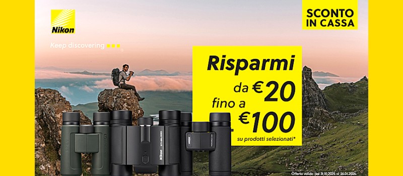 Nikon Sport Optics Winter Promotion: sconto in cassa risparmia fino a € 100 scade il 26 Gennaio 2026