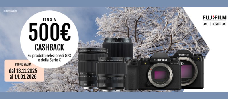 Fujifilm winter cashback fino € 500 su fotocamere e ottiche Serie X e GFX scade il 14 gennaio 2026