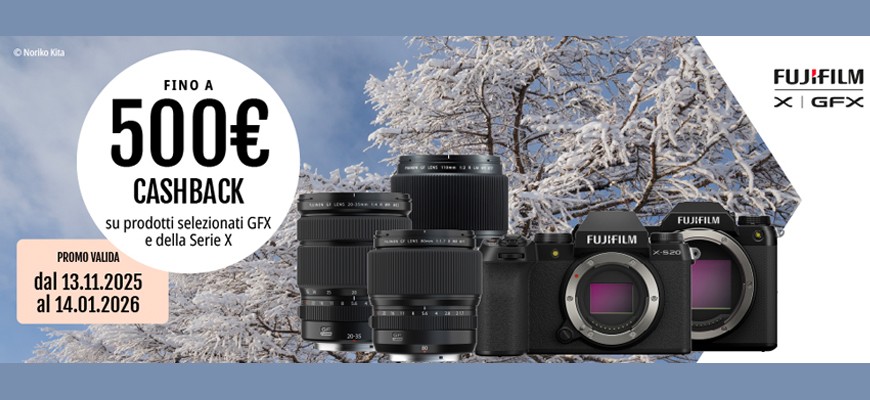 Fujifilm winter cashback fino € 500 su fotocamere e ottiche Serie X e GFX scade il 14 gennaio 2026