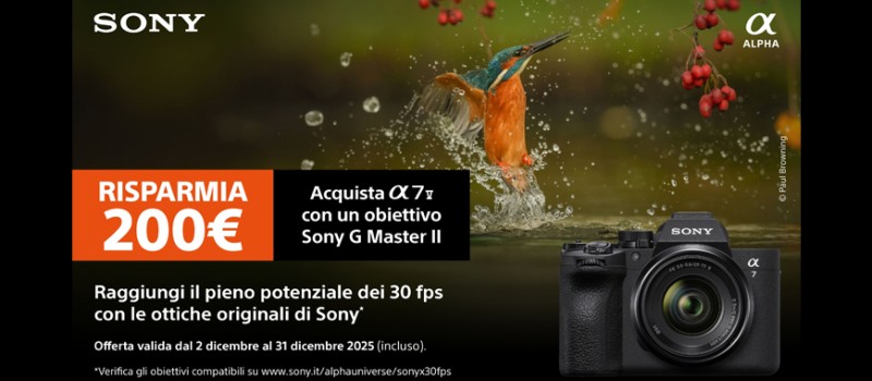 Sony promozione bundle con la nuova Alpha 7 V + ottiche selezionate GM2 sconto € 200 scade il 31 dicembre 2025