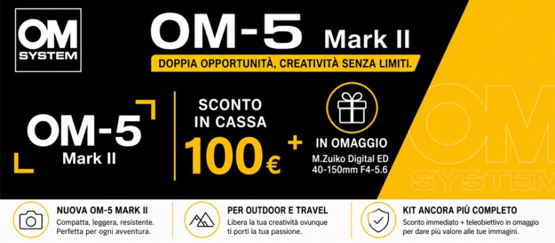 OM SYSTEM OM-5 Mark II: 100€ di sconto immediato in cassa e obiettivo in omaggio fino al 17 giugno