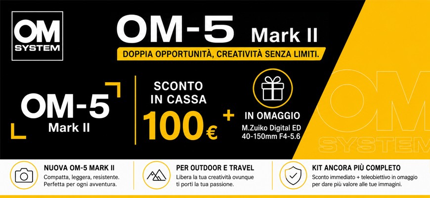 OM SYSTEM OM-5 Mark II: 100€ di sconto immediato in cassa e obiettivo in omaggio fino al 17 giugno
