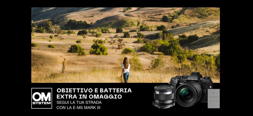 Acquista la Olympus E-M5 Mark III e richiedi in omaggio un obiettivo 45 mm f 1.8 e la batteria BLS-50
